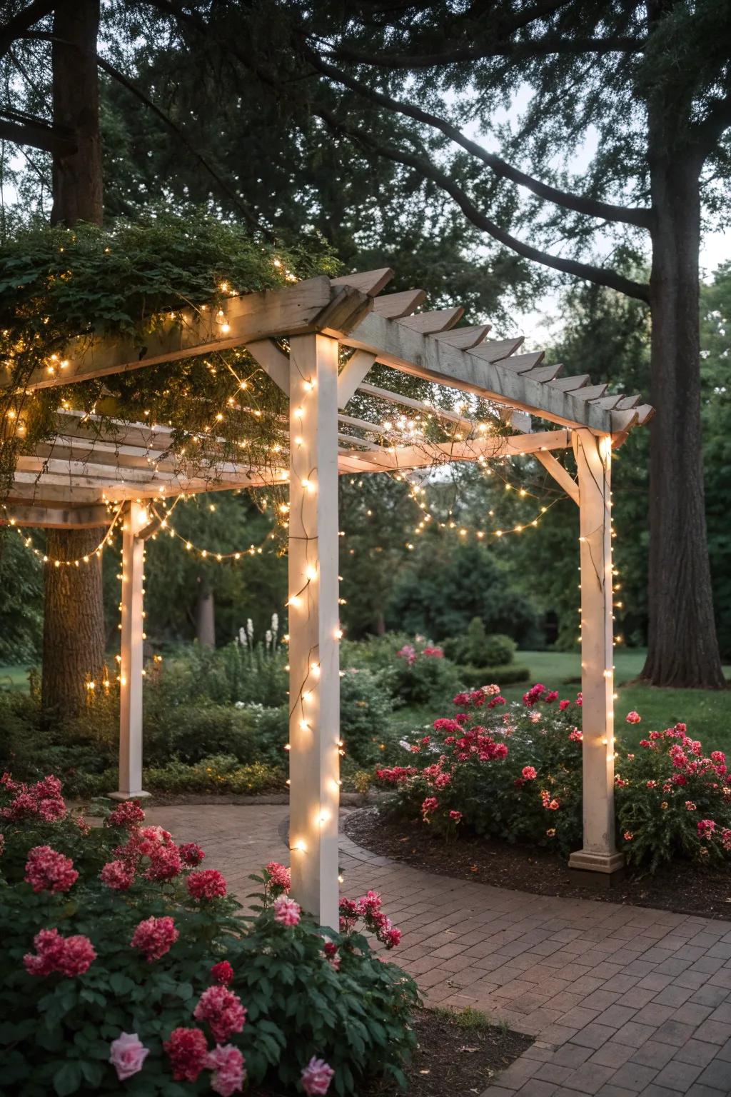 String lights wrapped around an arbor in a lush garden.
