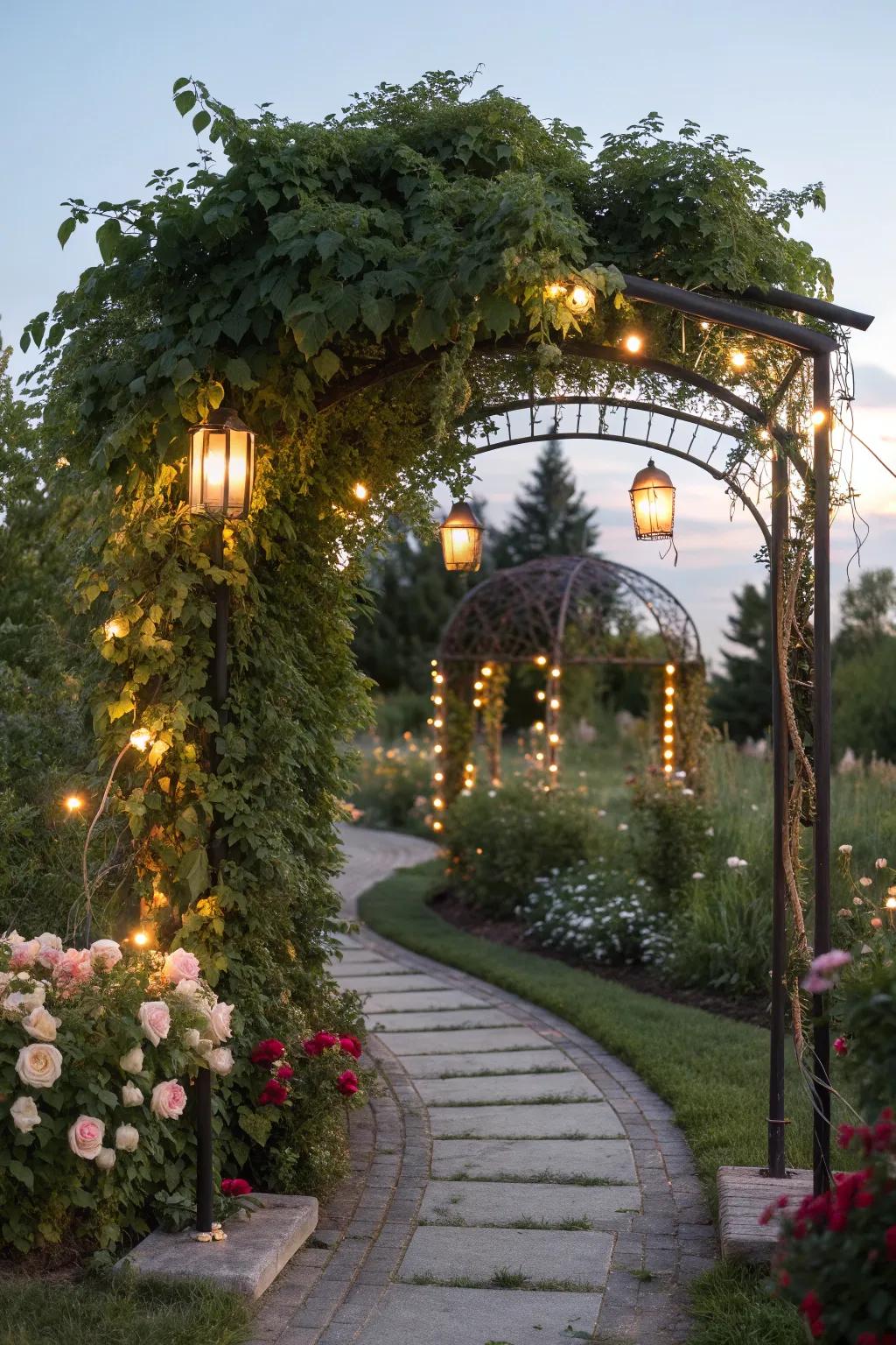 An arbor with integrated solar lights.