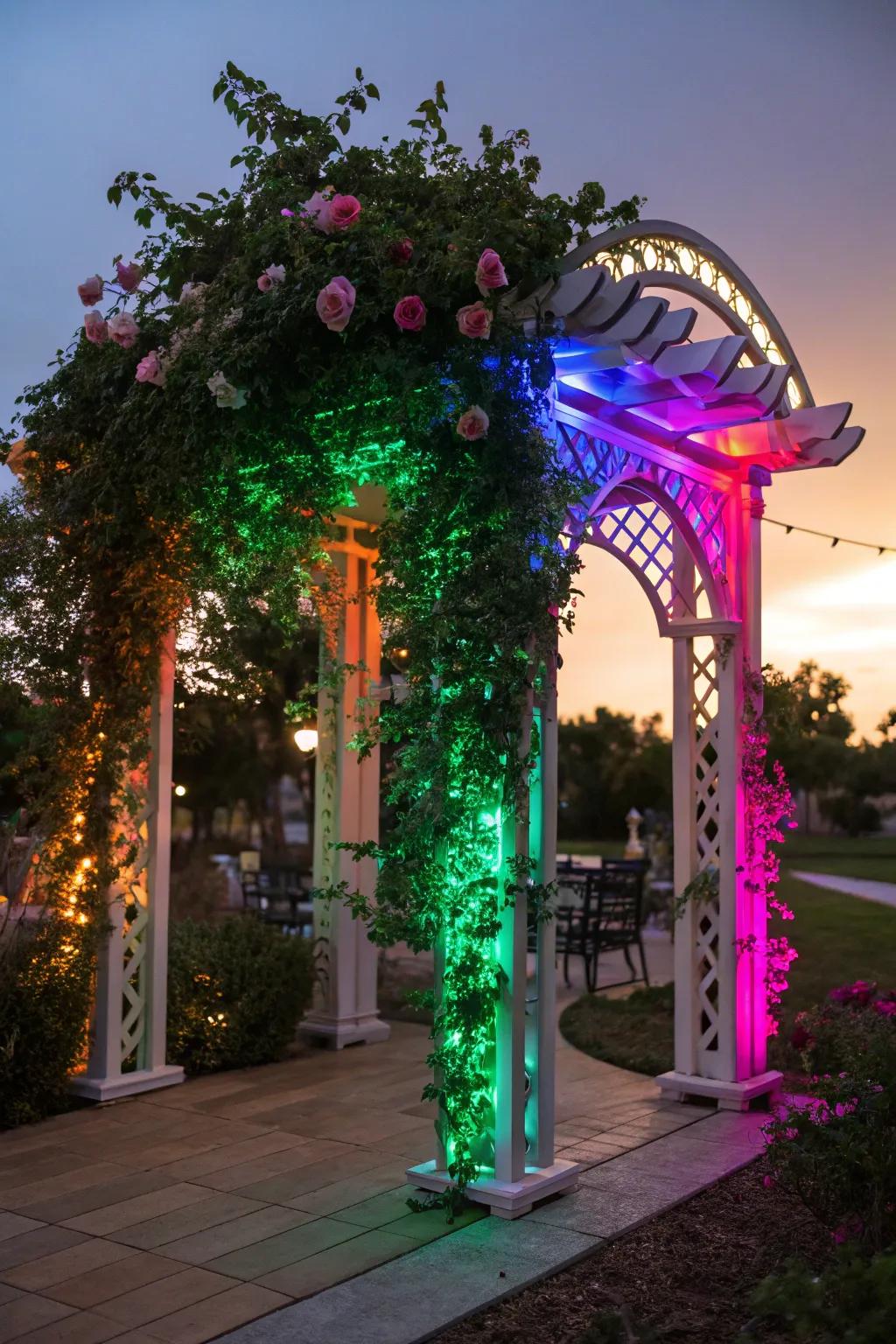 An arbor glowing with vibrant RGB lights.