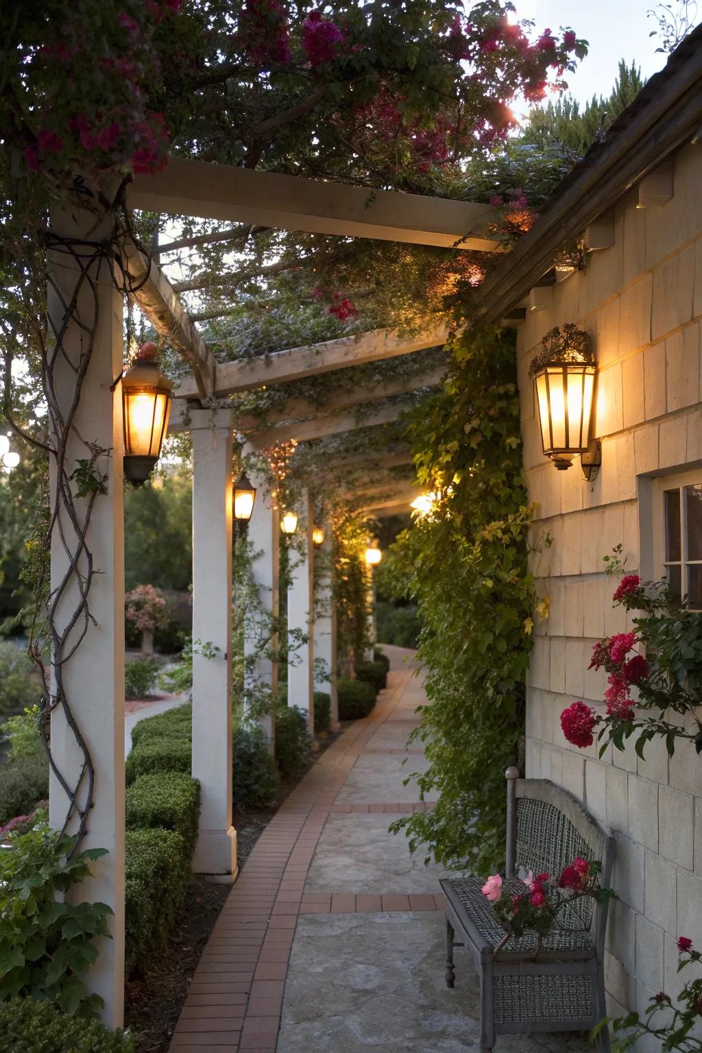 Wall sconces providing subtle light near an arbor.