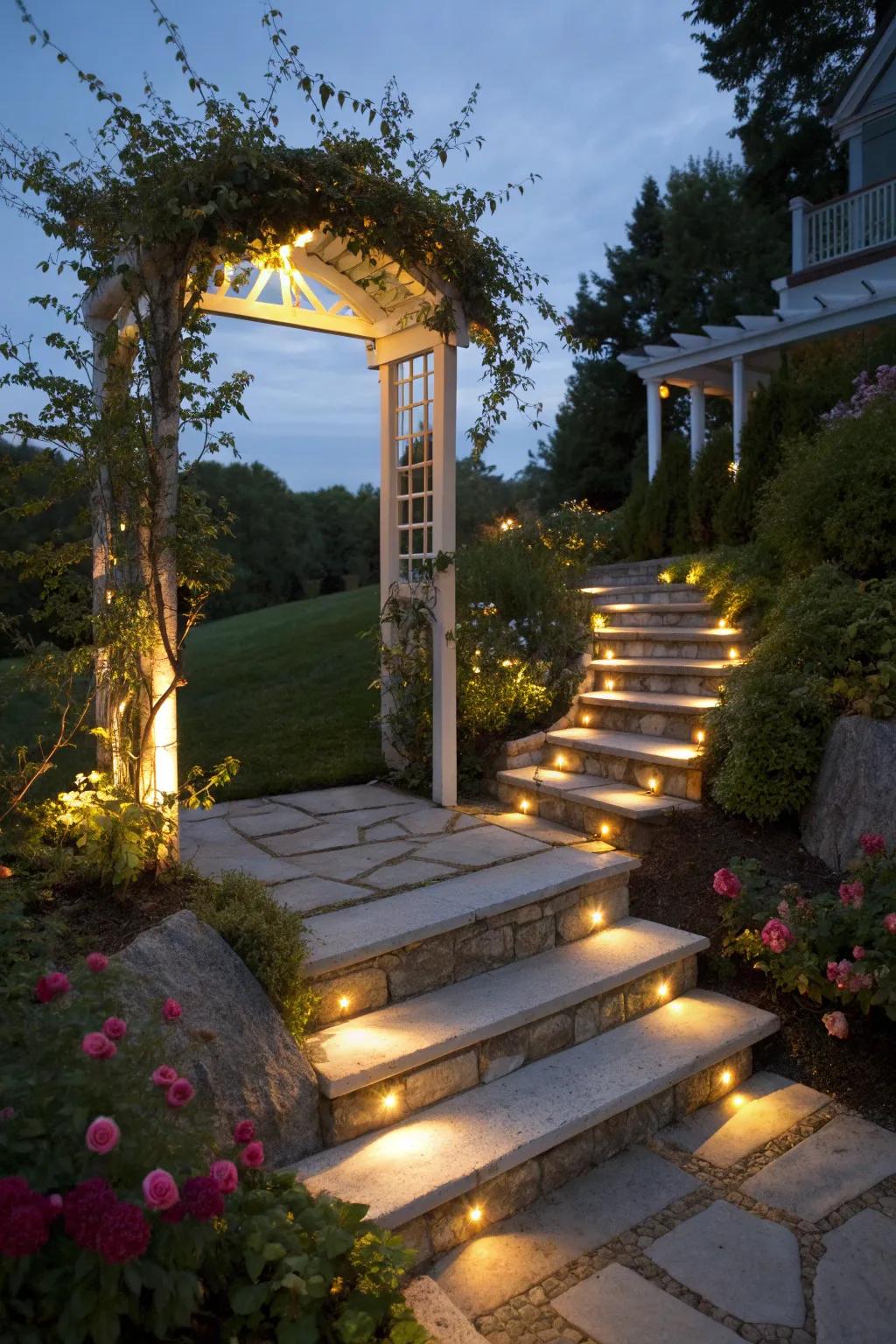 Step lights integrated into steps under an arbor.