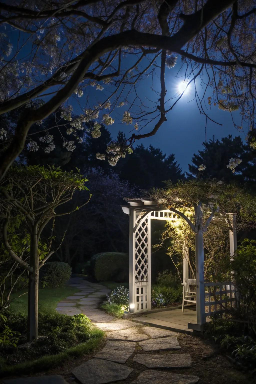 An arbor with a gentle moonlit effect from downlighting.