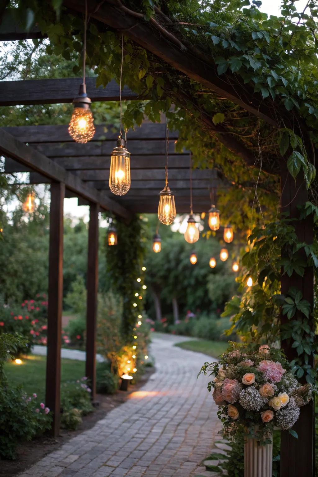 Pendant lights as a centerpiece under an arbor.