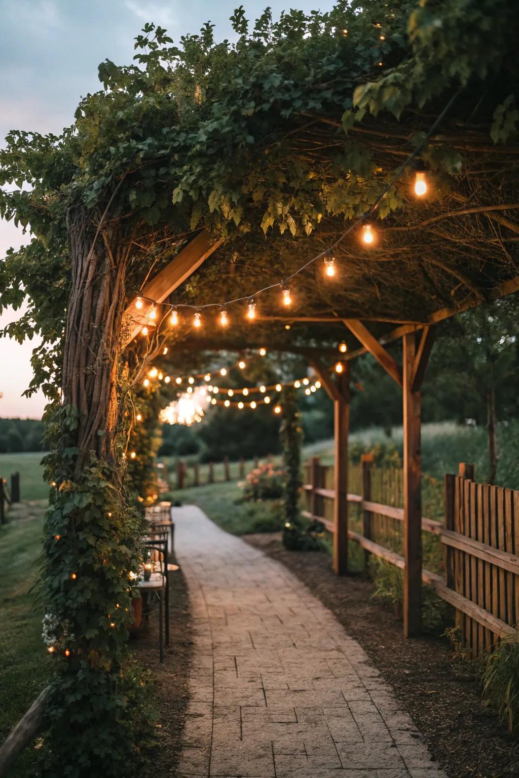An arbor glowing with rustic festoon lights.
