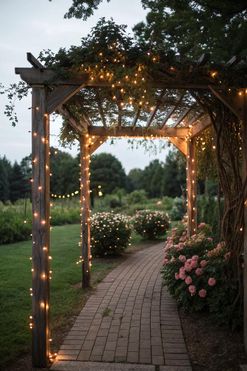 An arbor transformed with whimsical fairy lights.