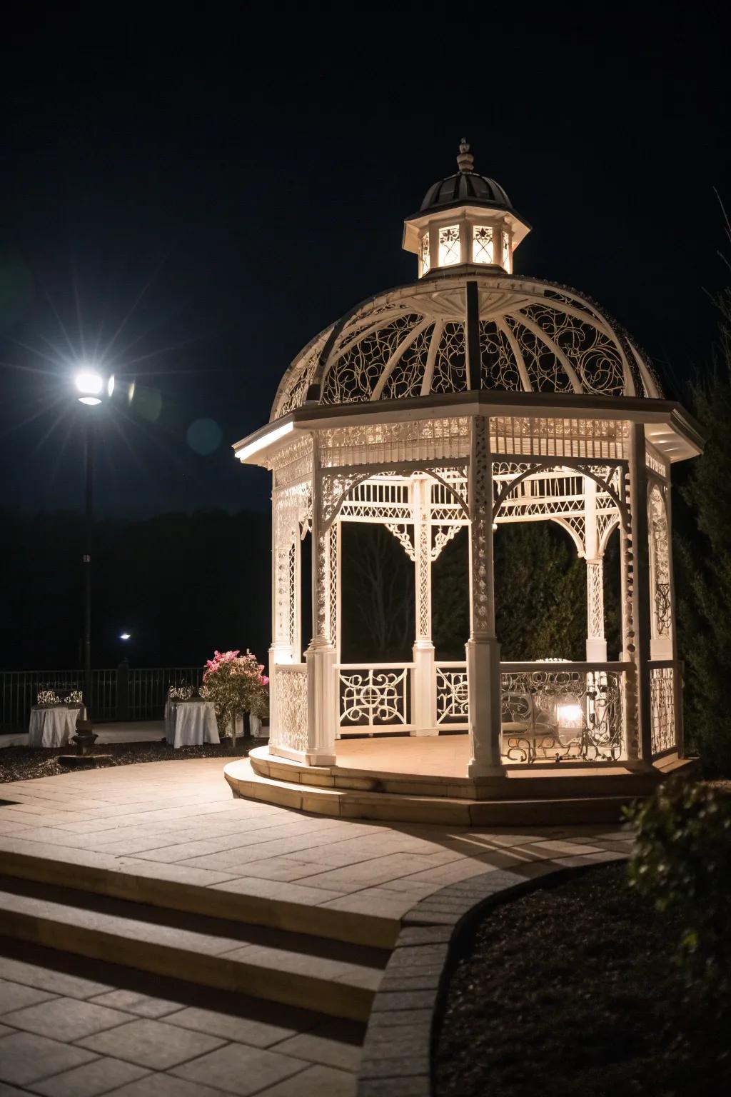 An arbor highlighted by a dramatic spotlight.