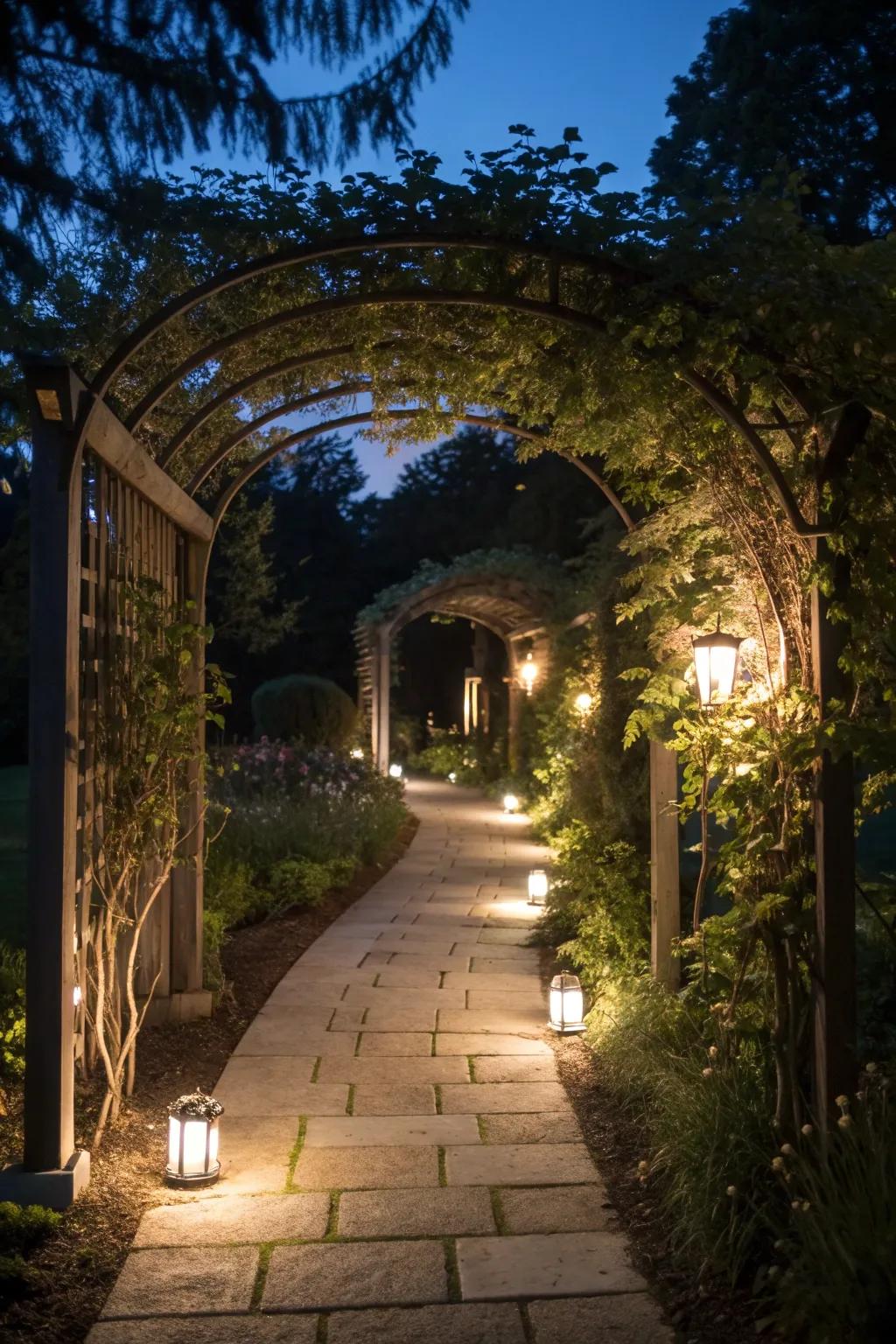 A lit pathway under an arbor in a garden.