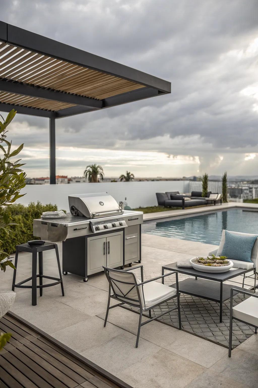A poolside grill setup offers a chic and functional entertainment area.