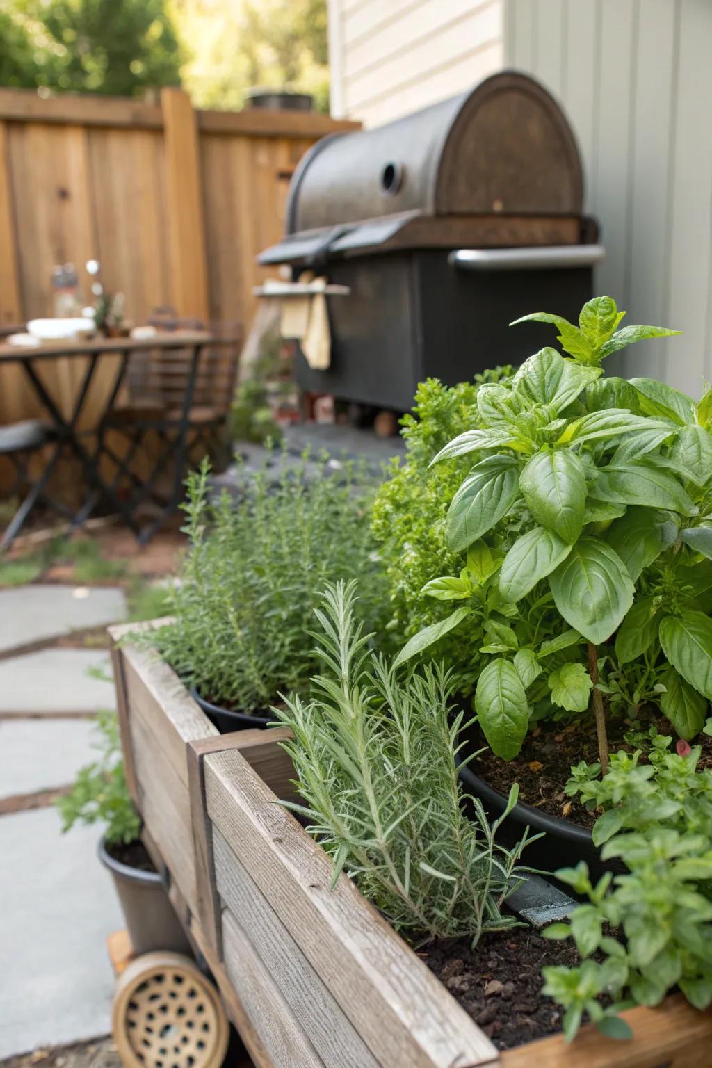 A herb garden adds fresh flavors and greenery to your grill area.