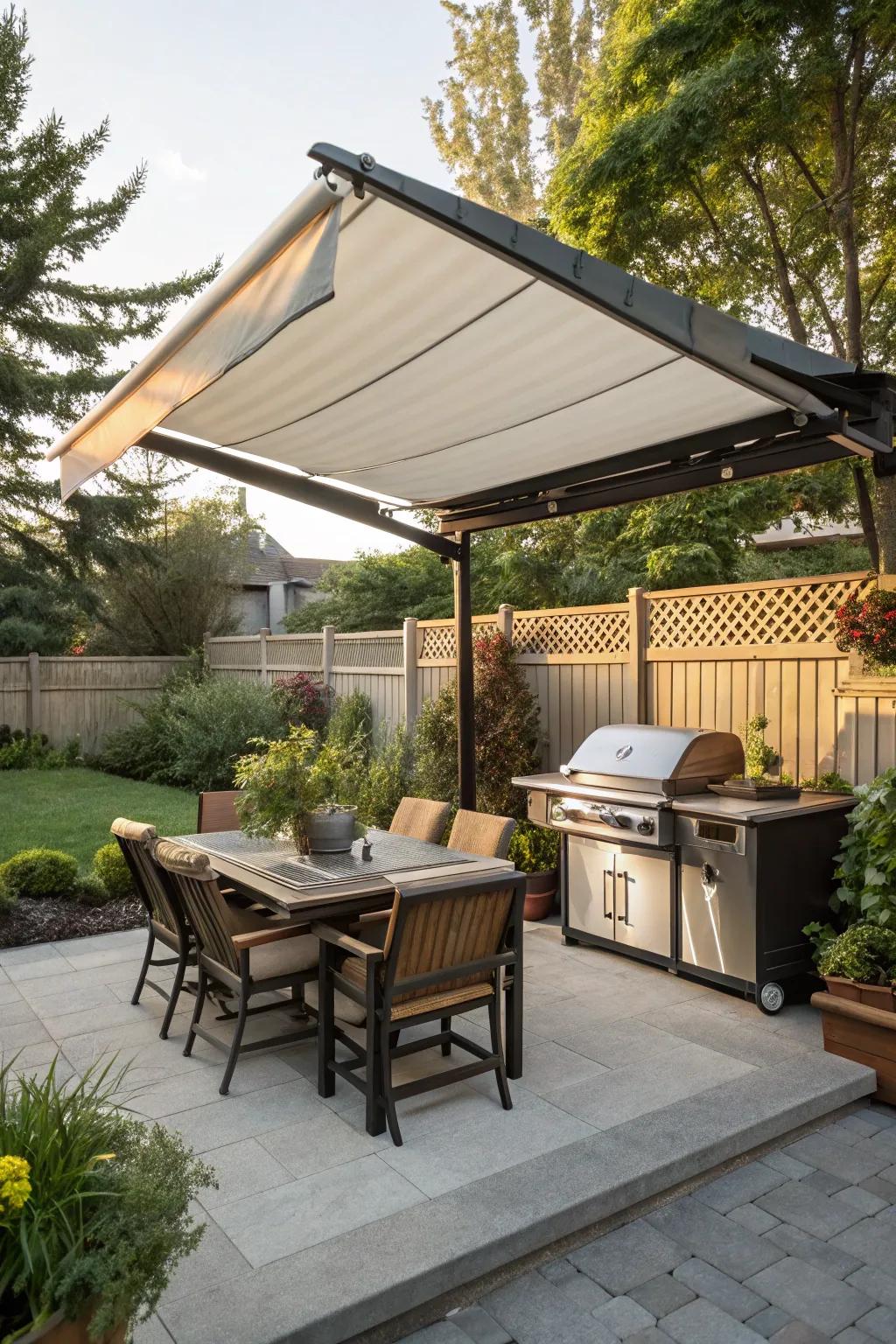 Retractable awnings offer adaptable shade solutions for your backyard.