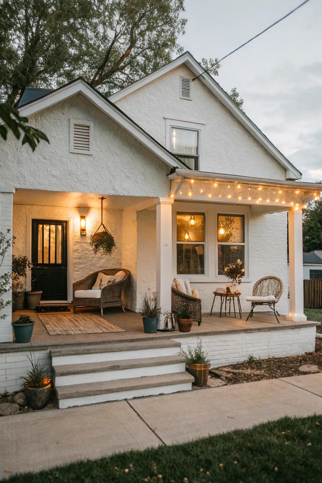 An inviting front porch creates a warm welcome at this stucco house.