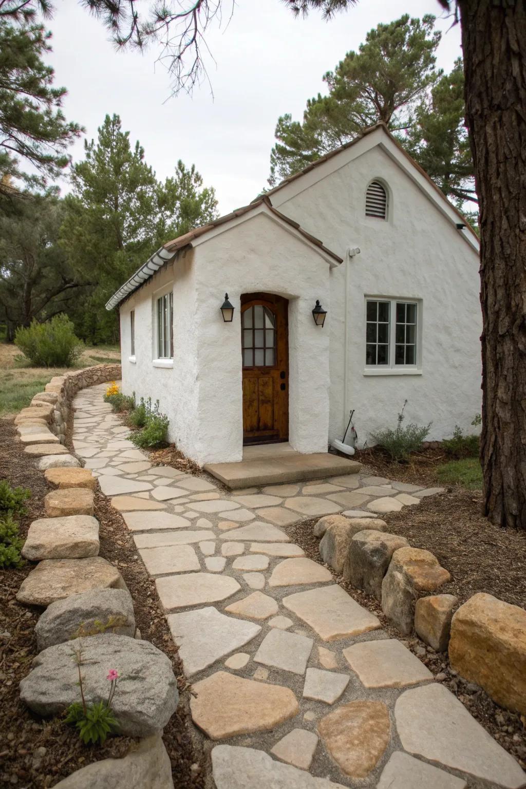 A stone pathway offers a welcoming and elegant approach.