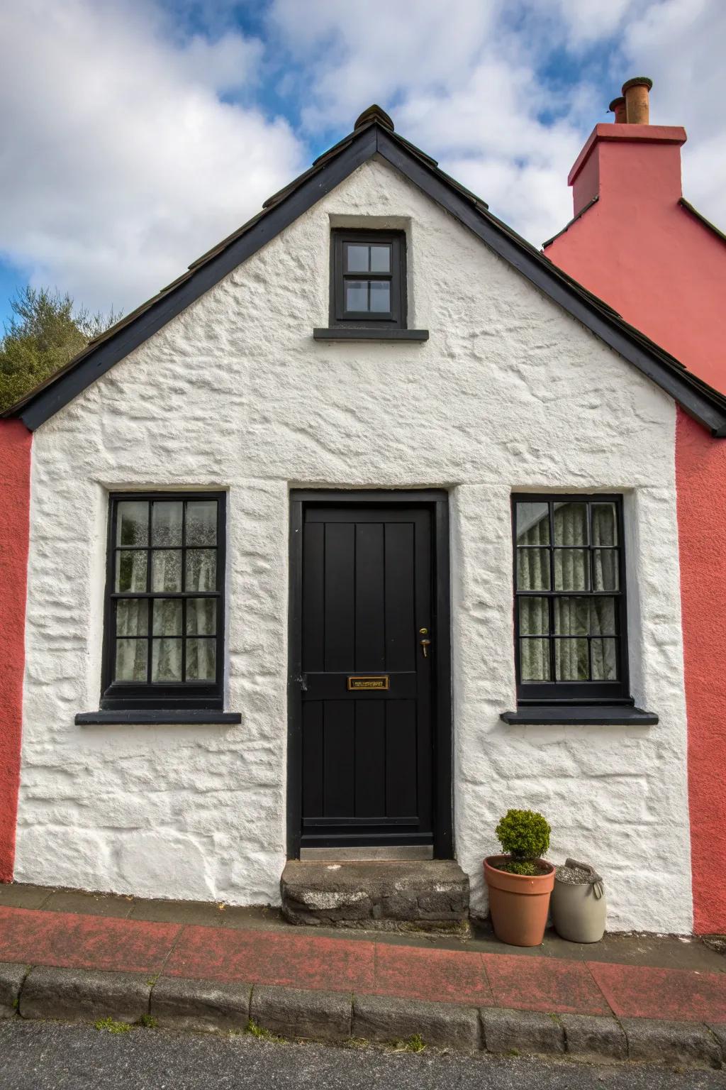 Dark accents contrast beautifully with the white stucco, adding drama and style.