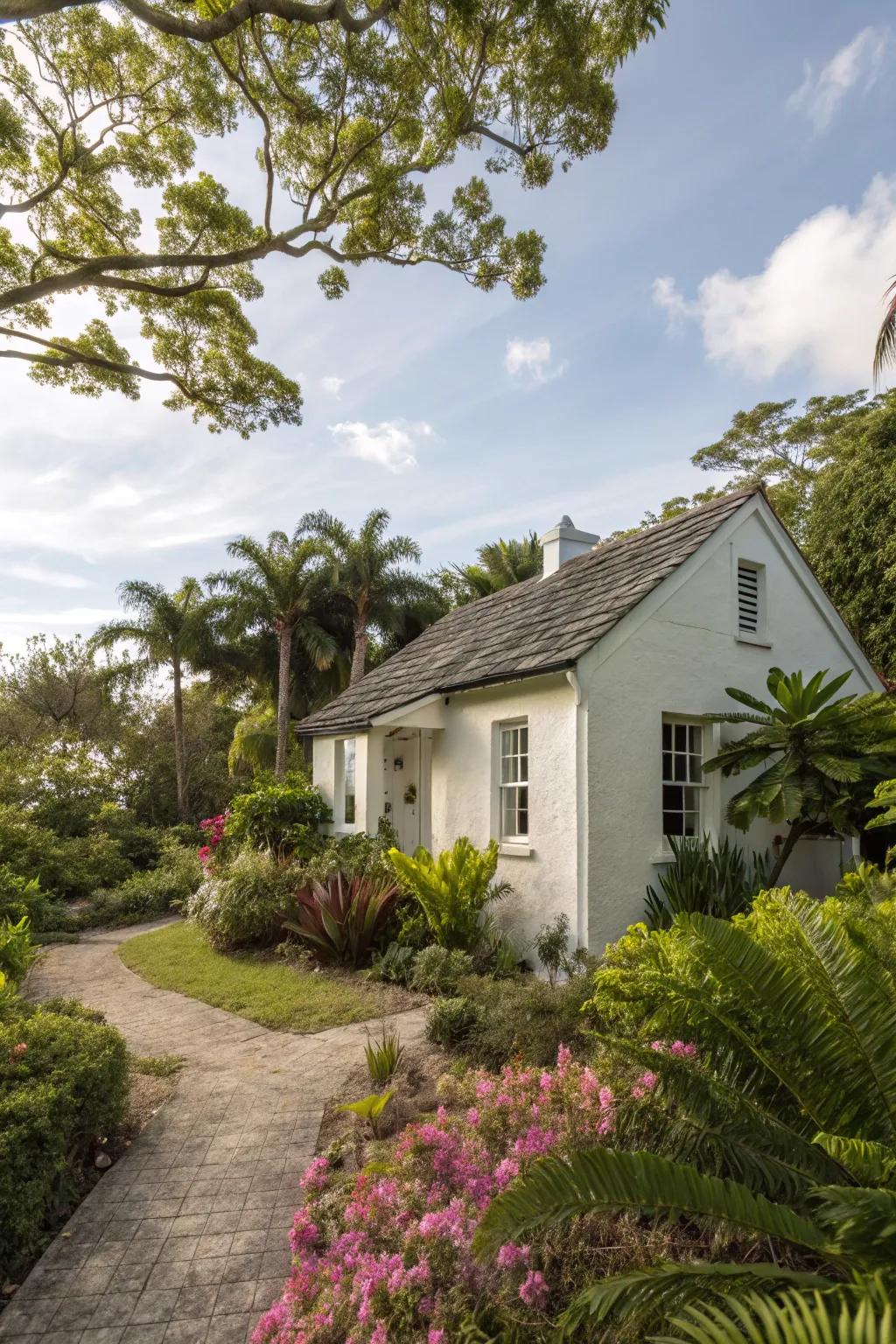 Natural landscaping enhances the charm of this small white stucco house.