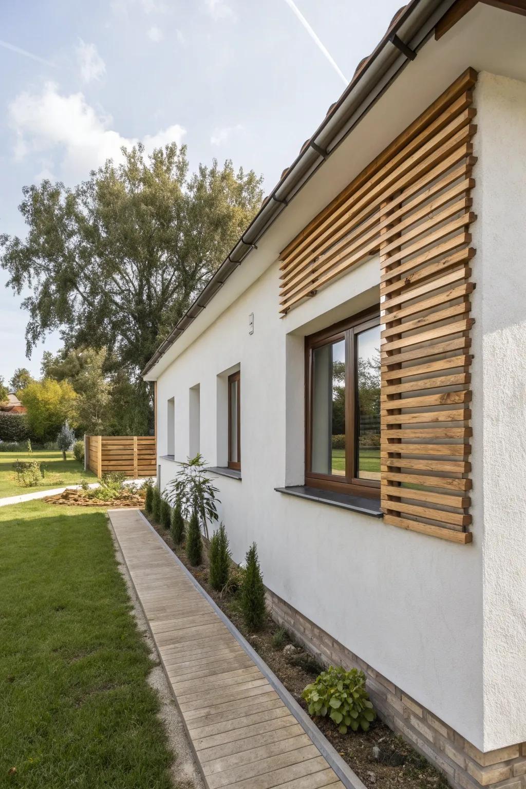Wood slat accents add warmth and texture to the exterior.
