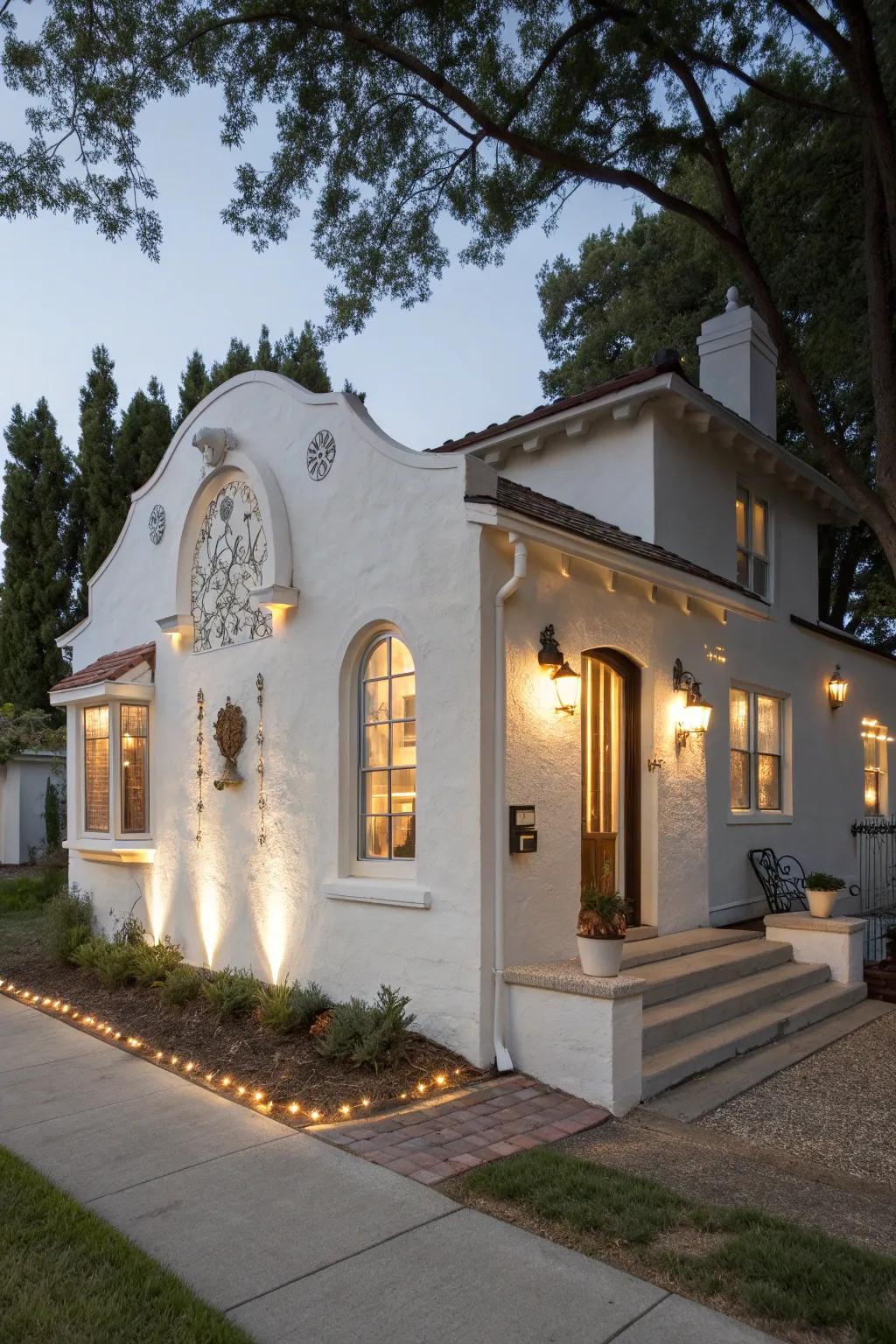Artistic lighting fixtures elevate the home's exterior aesthetic.