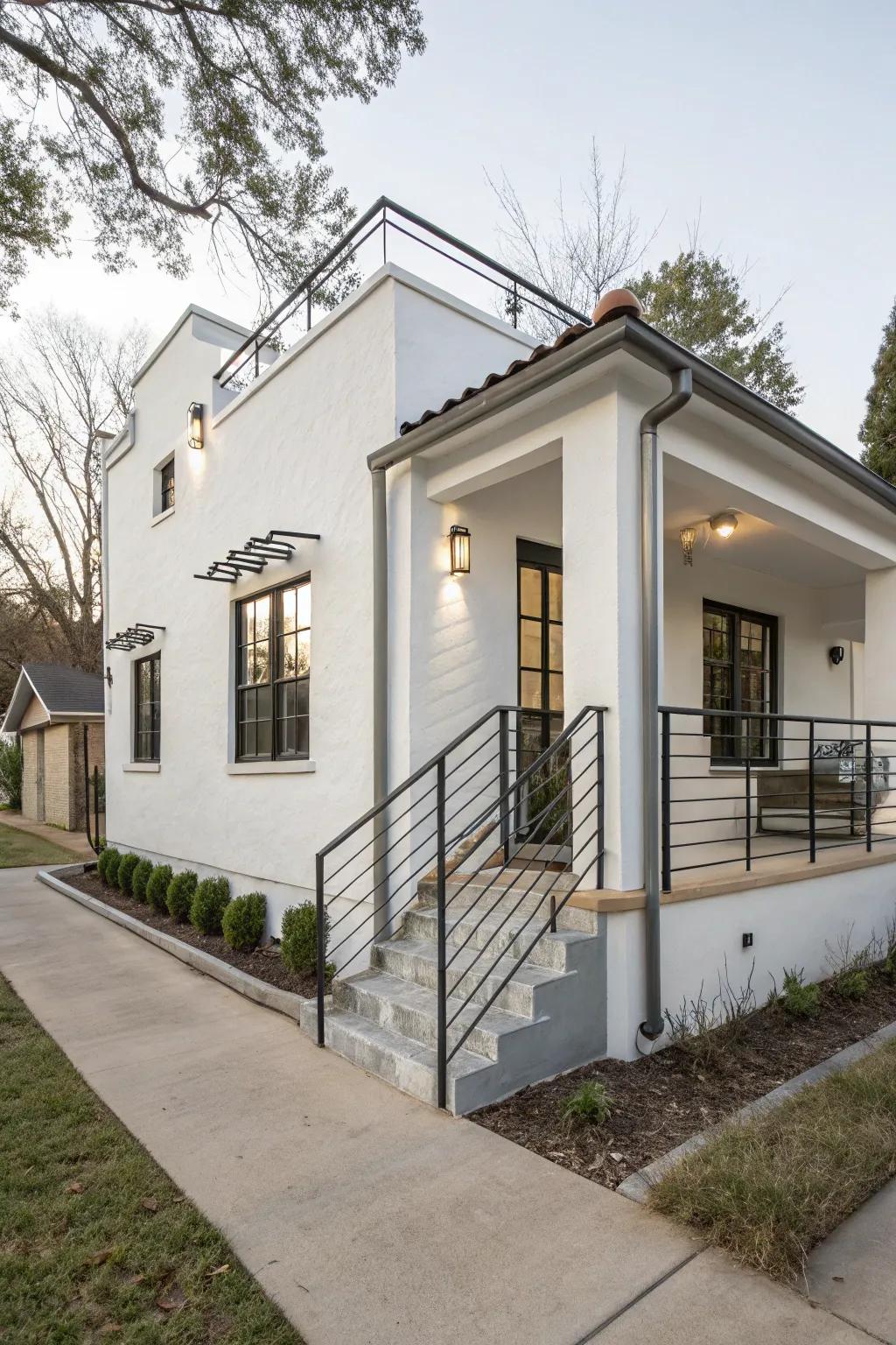 Modern design elements enhance the sleek look of this small white stucco house.