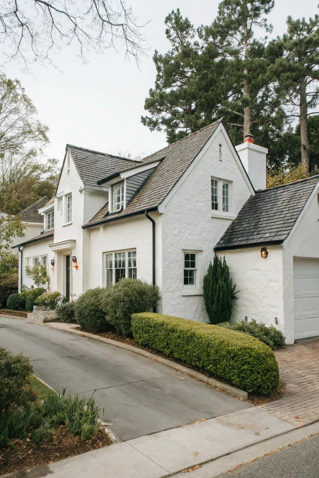Diverse roof styles add unique character to this stucco home.