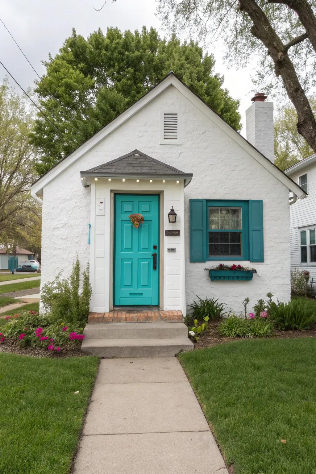 A colorful door adds a playful touch to the otherwise neutral exterior.