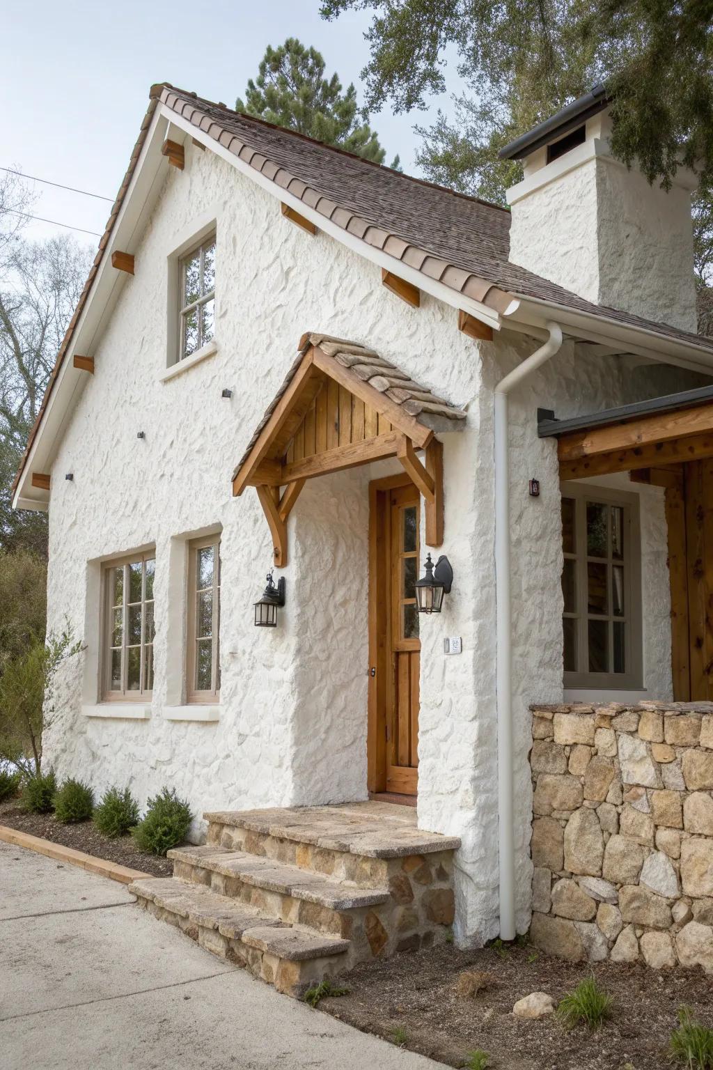 Texture and accents add depth and warmth to the stucco exterior.