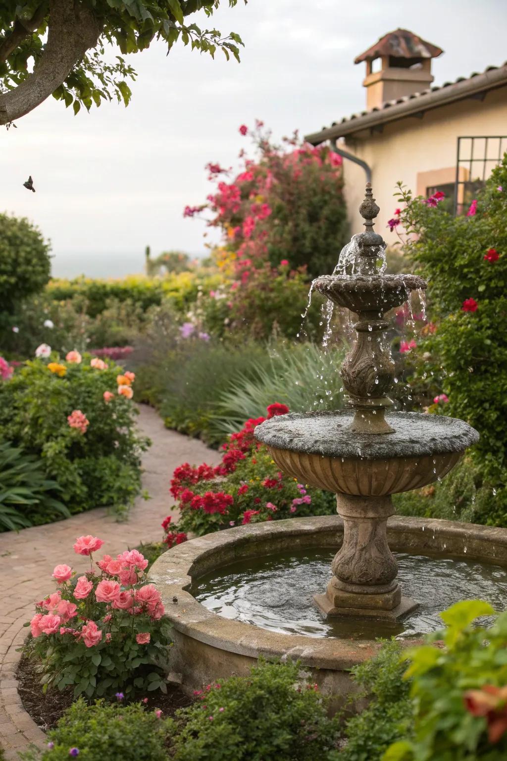 Add a water feature for a tranquil garden ambiance.