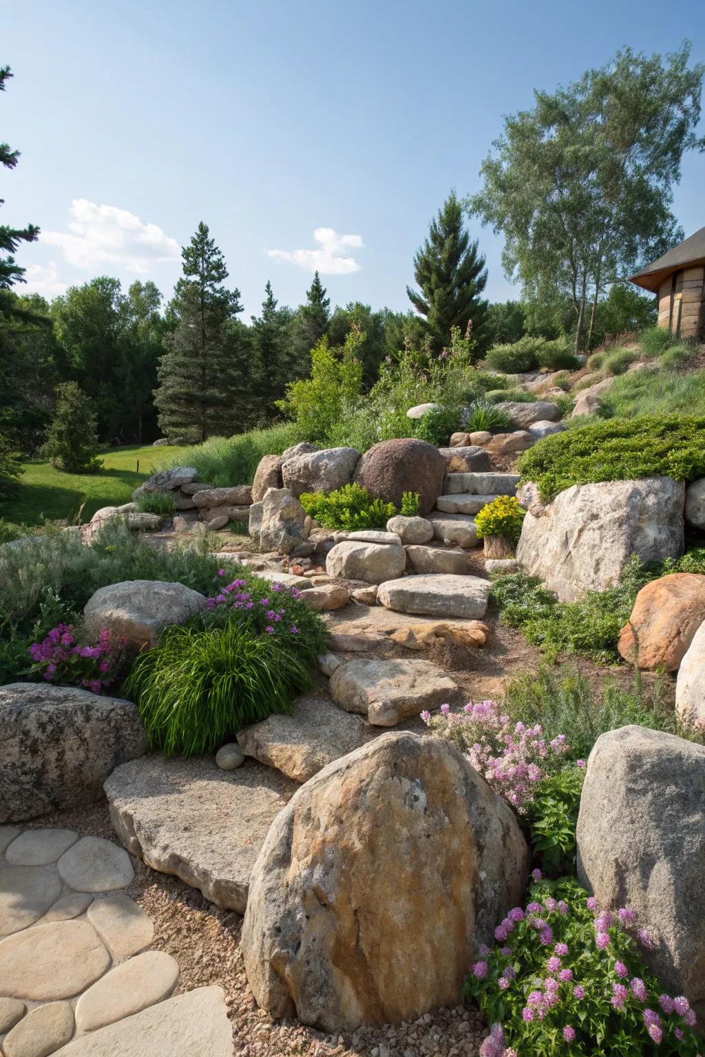 Enhance your garden's texture with natural stone features.