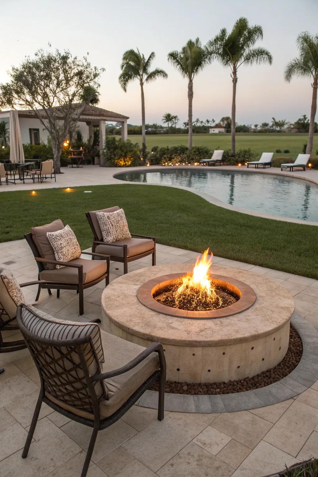 A fire pit creates a warm and inviting focal point for evening relaxation.