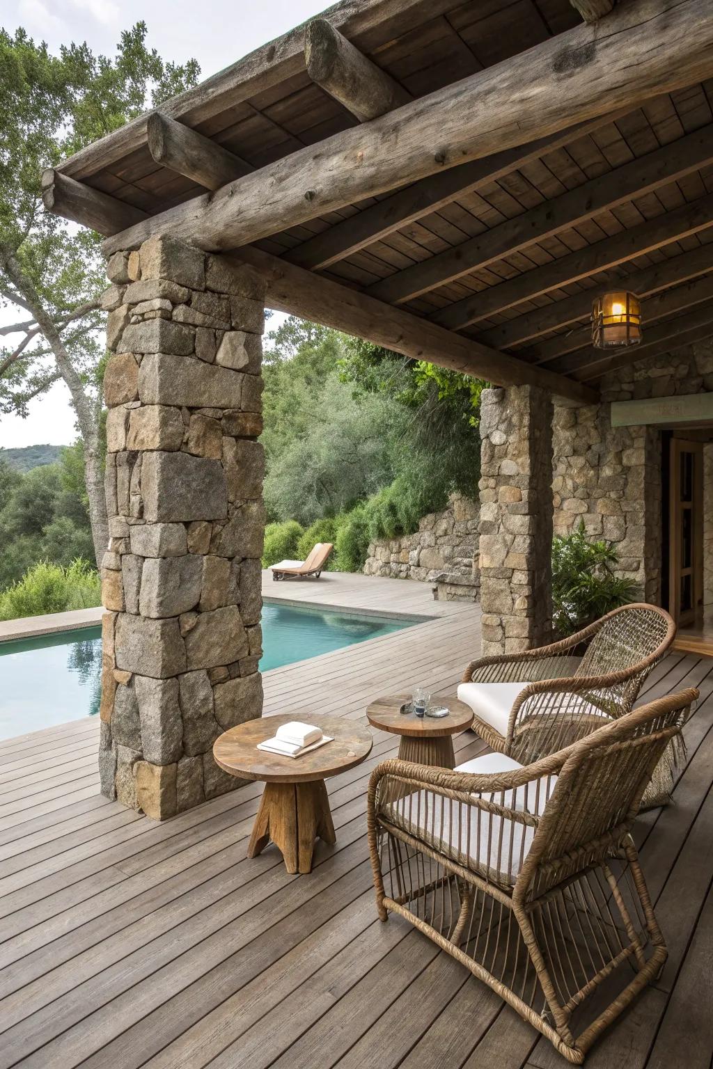 A rustic retreat vibe brings warmth and coziness to your poolside space.