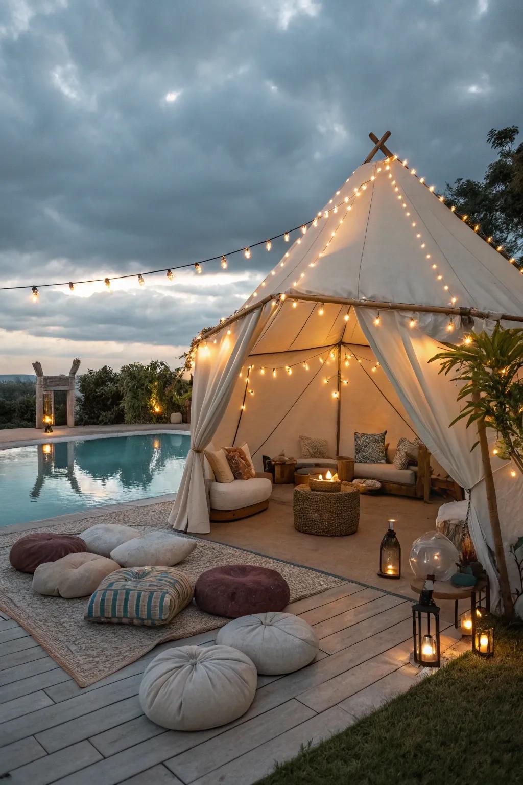 A tented hideaway provides a whimsical and cozy retreat by the pool.