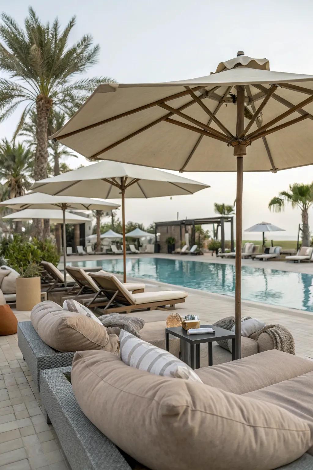 Plush cushioned seating makes for a cozy and inviting poolside retreat.