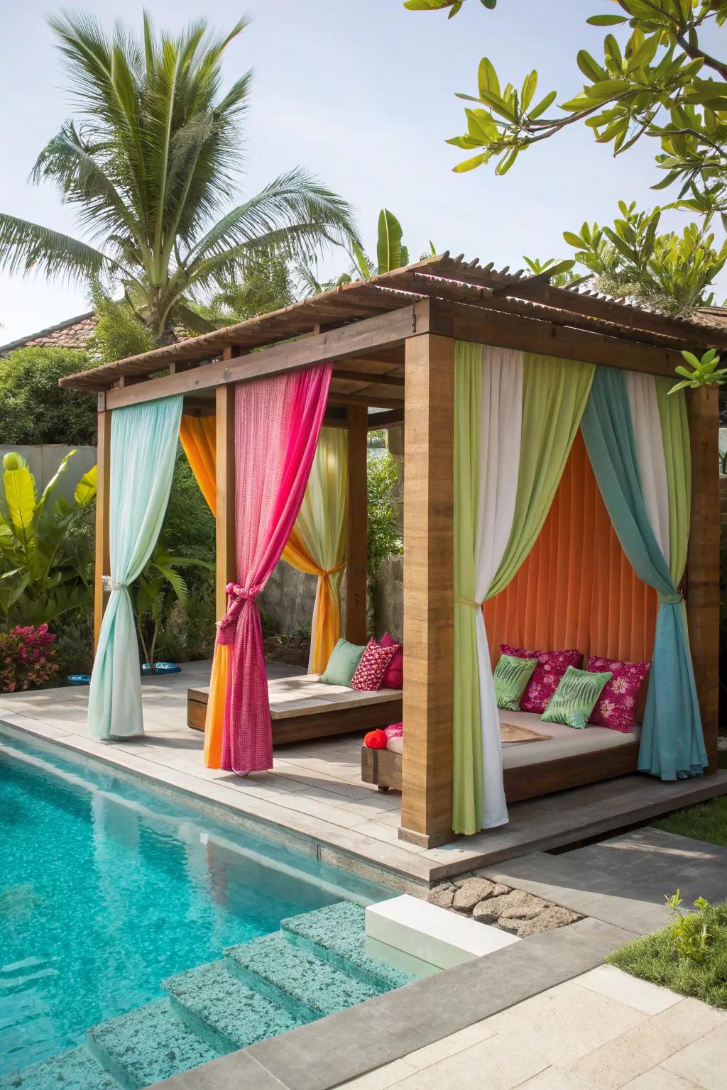 A tropical cabana adds a touch of exotic luxury to your poolside retreat.