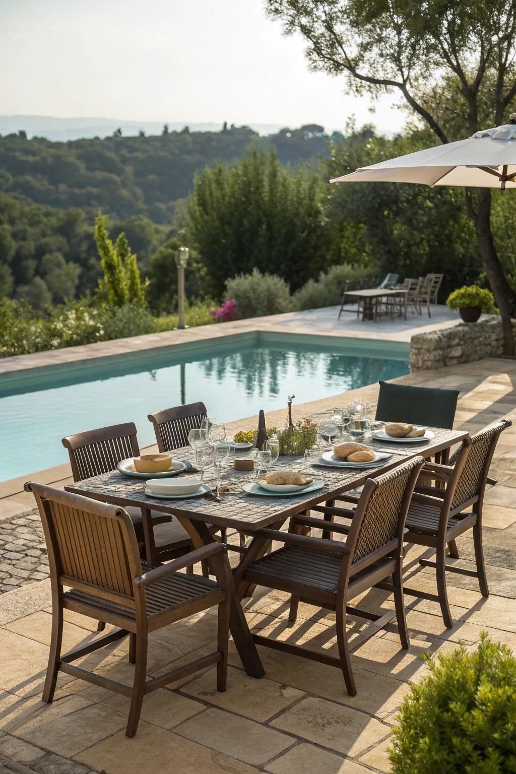 An al fresco dining area enhances your poolside experience with culinary delights.