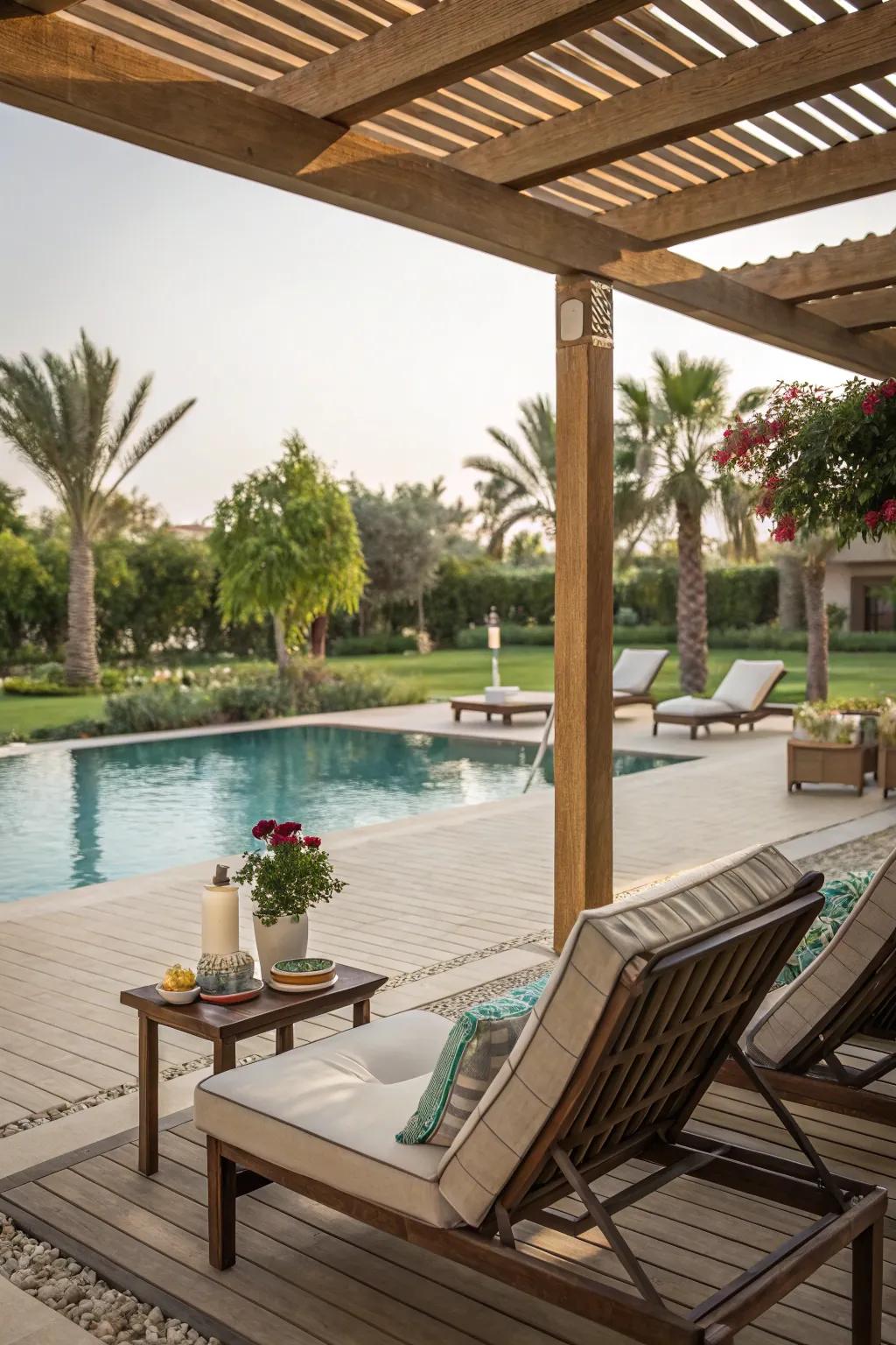 A stylish pergola provides shade and adds architectural interest to your poolside area.