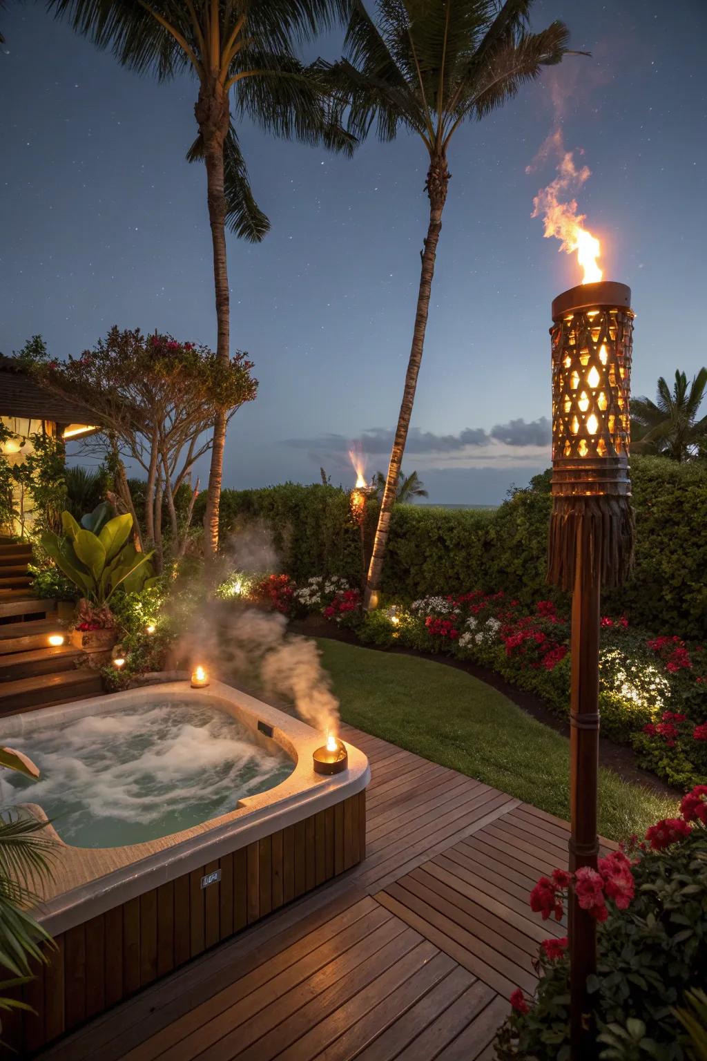 Tiki-inspired lighting adds a tropical and festive touch to your jacuzzi area.