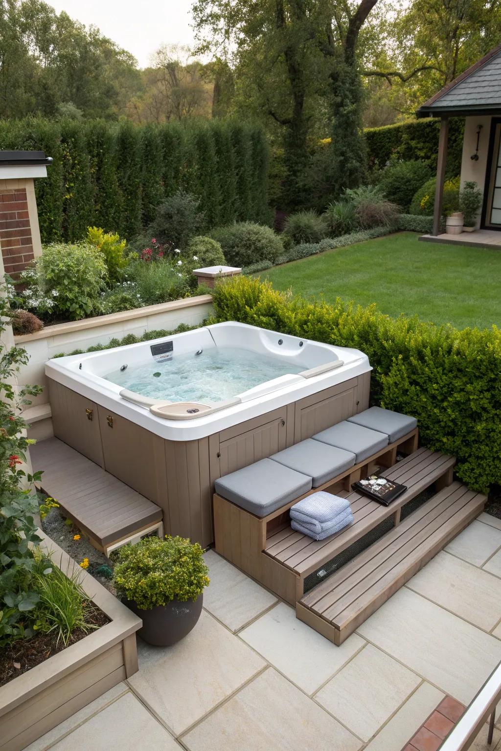 Functional storage solutions keep your jacuzzi area tidy and efficient.