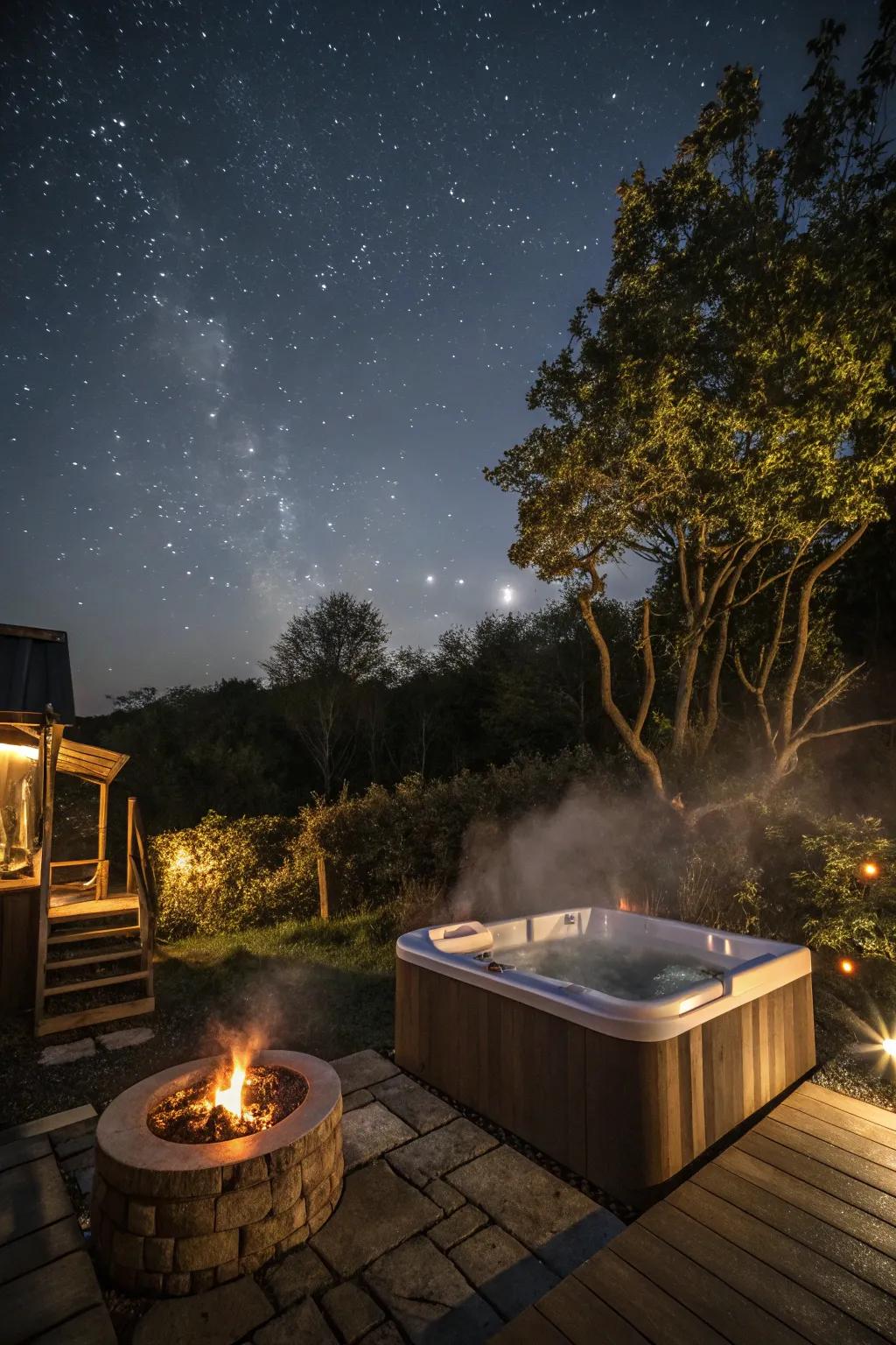 The combination of fire and water elements creates a dramatic and inviting jacuzzi area.