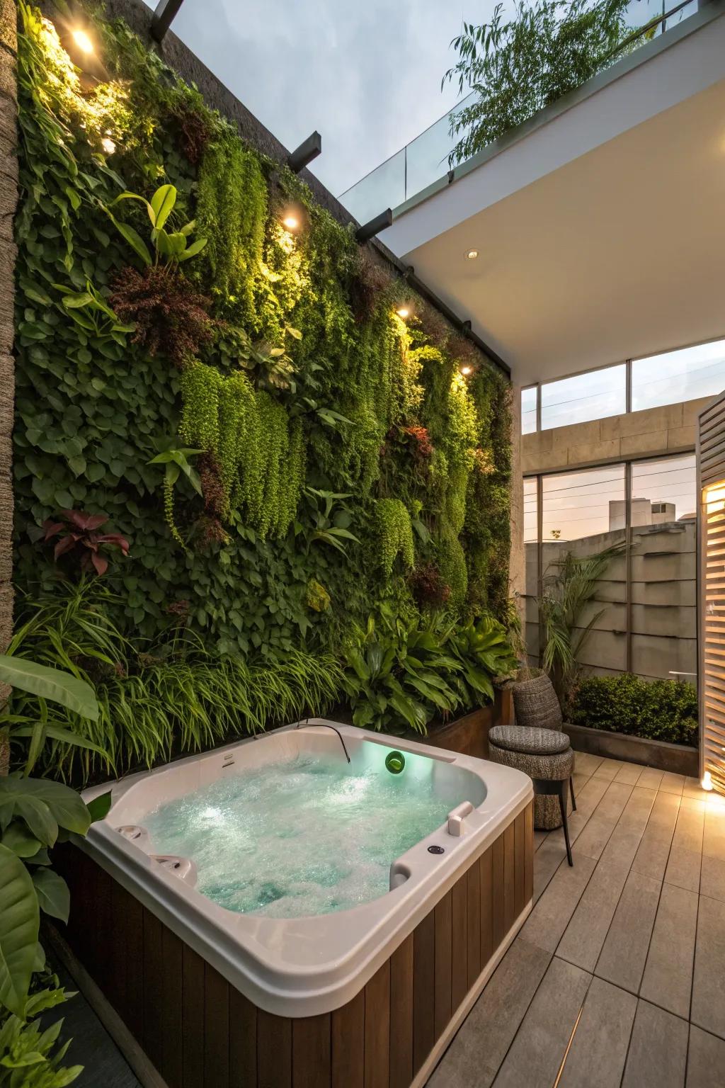 Vertical gardens add lush greenery and privacy to your jacuzzi area without occupying floor space.