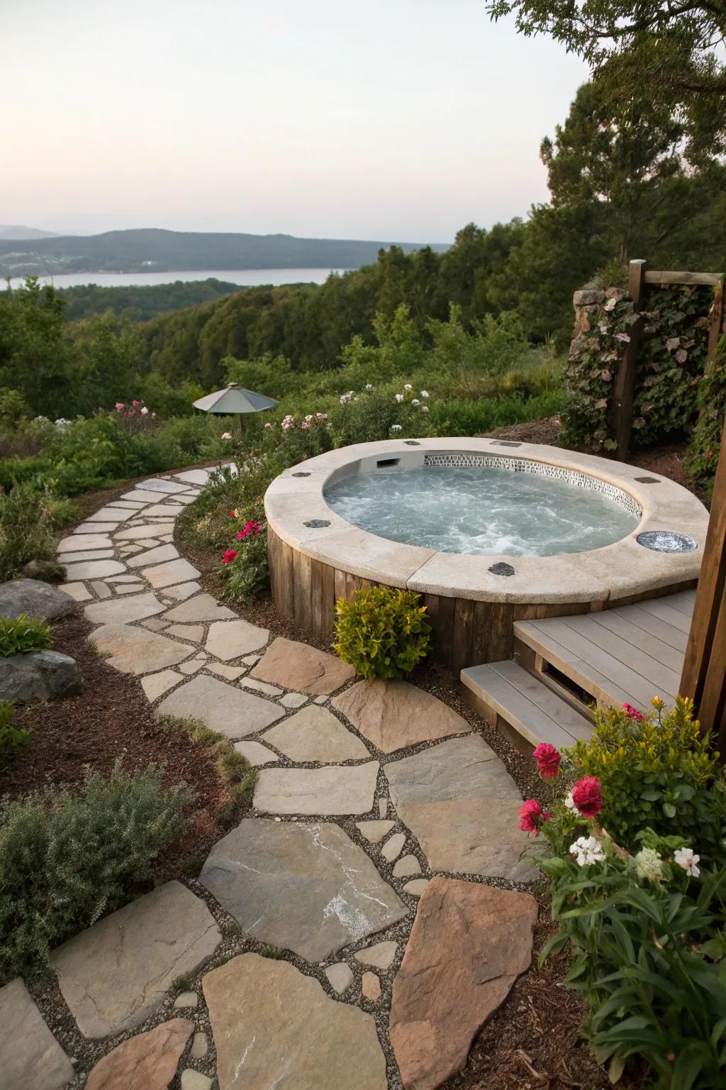 Natural stone pathways provide a cohesive and inviting approach to your jacuzzi.