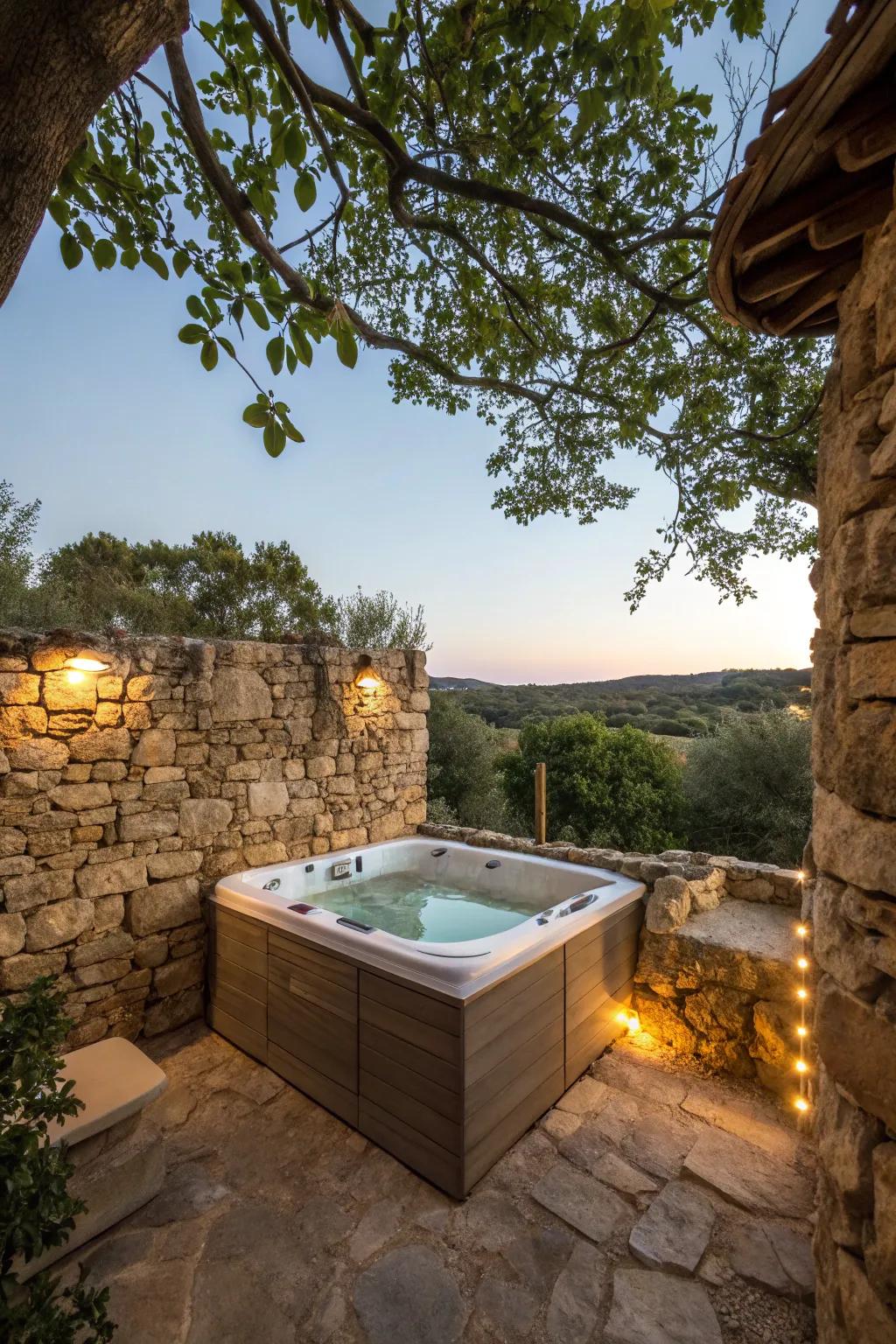 Rustic stone surrounds create a natural and enduring look for your jacuzzi.