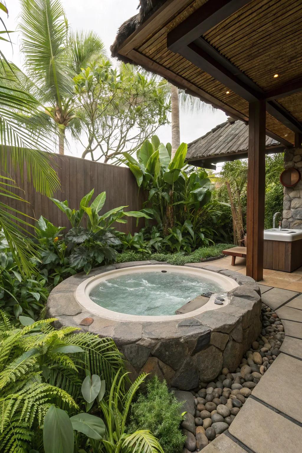 A jacuzzi nestled among greenery creates a serene and natural retreat.