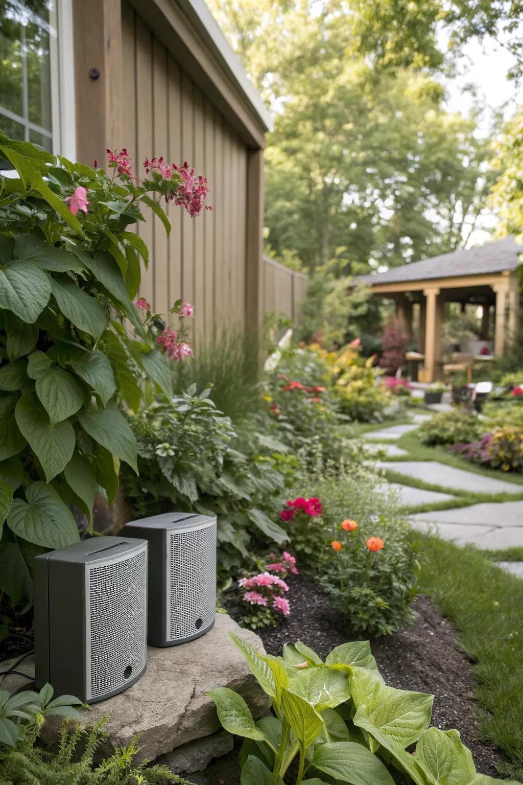 Outdoor speakers set the mood with tropical tunes.