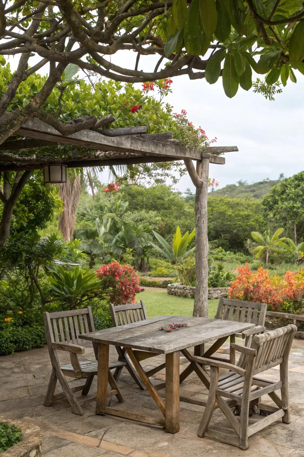 Rustic seating invites relaxation and conversation.