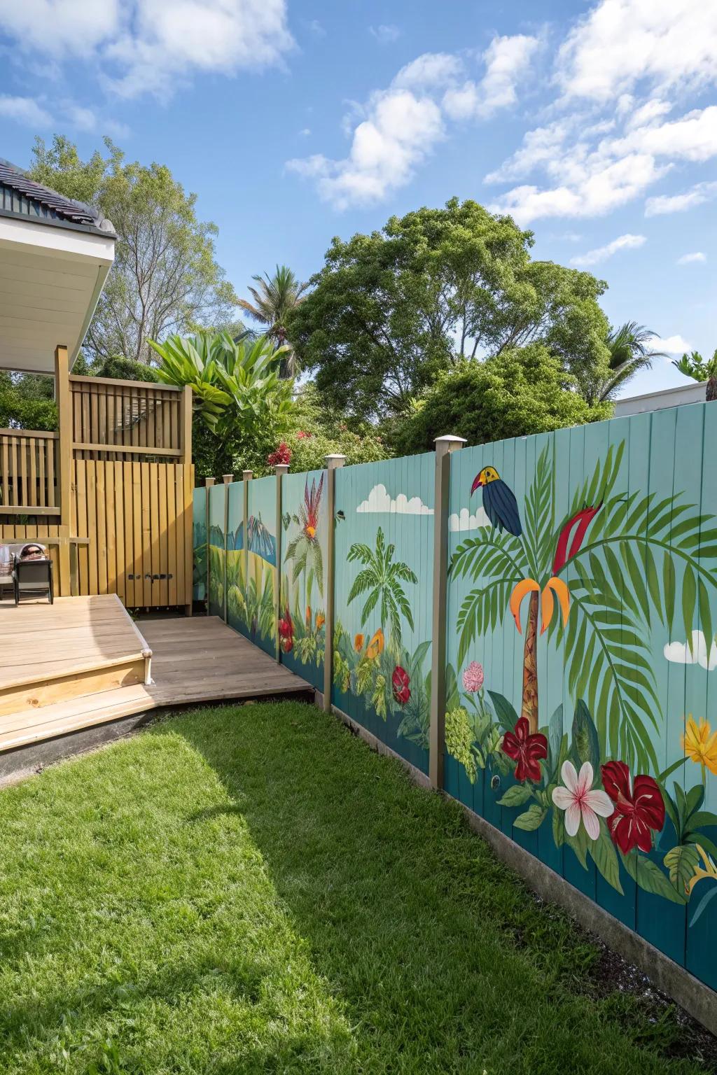 A tropical mural adds color and creativity.