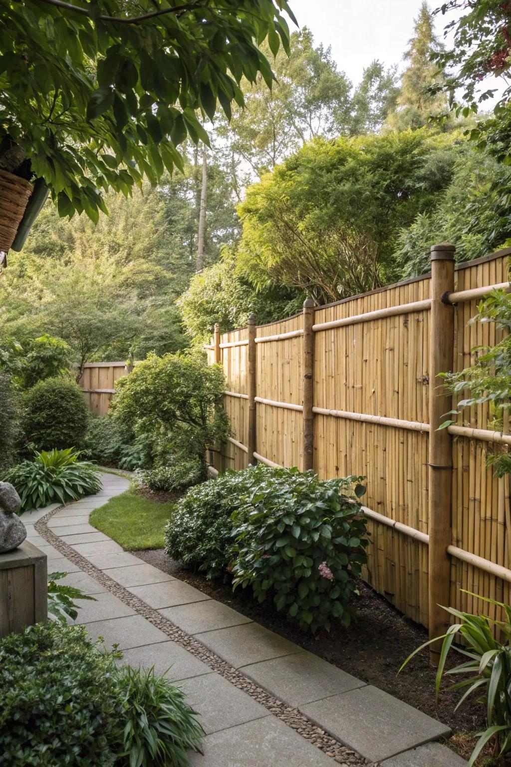 A bamboo fence offers privacy with tropical flair.