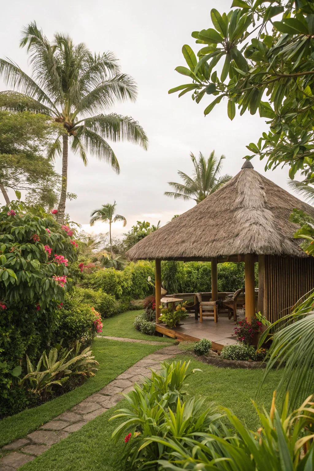 A thatched roof retreat offers shade and style.