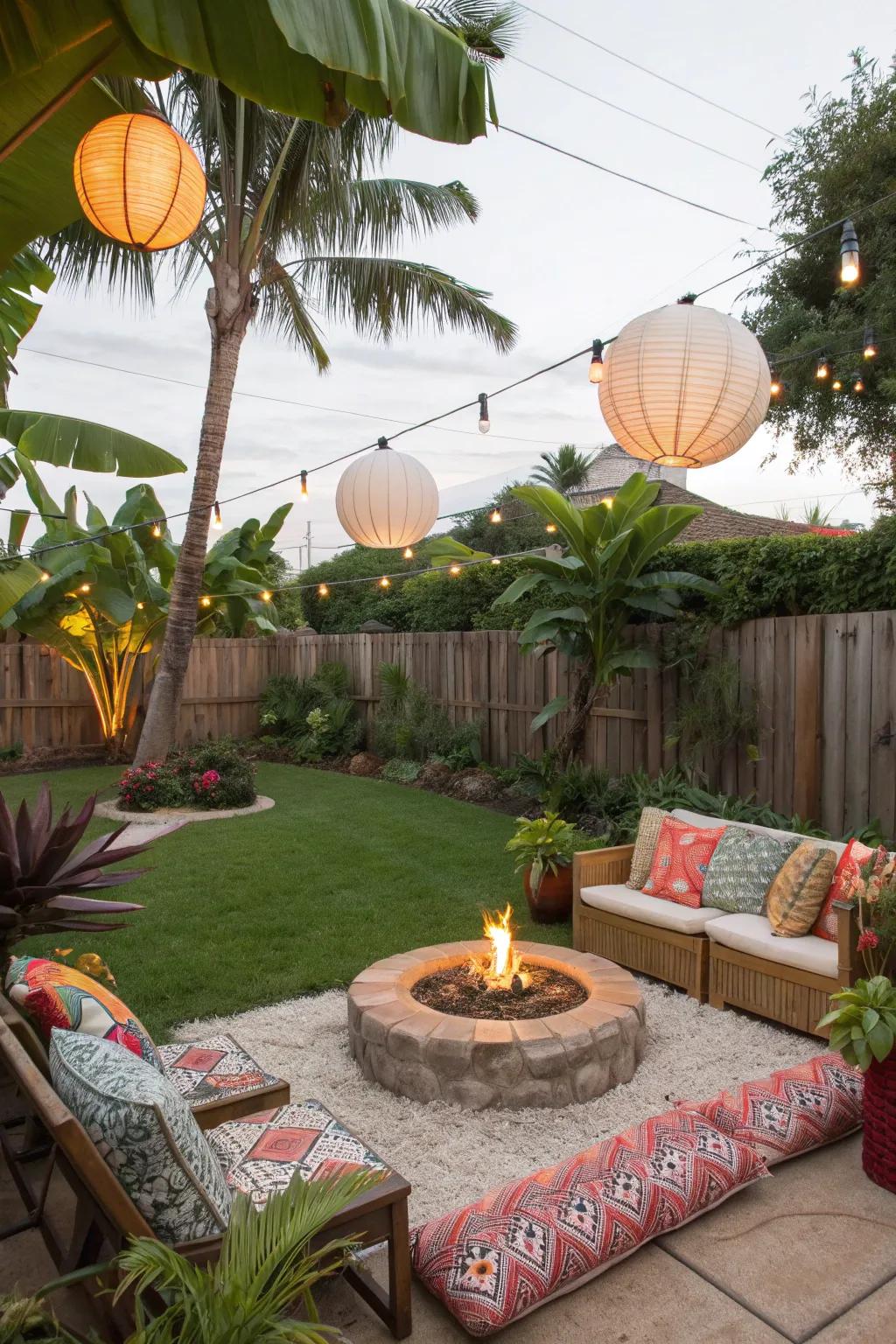 A fire pit becomes the heart of evening gatherings.