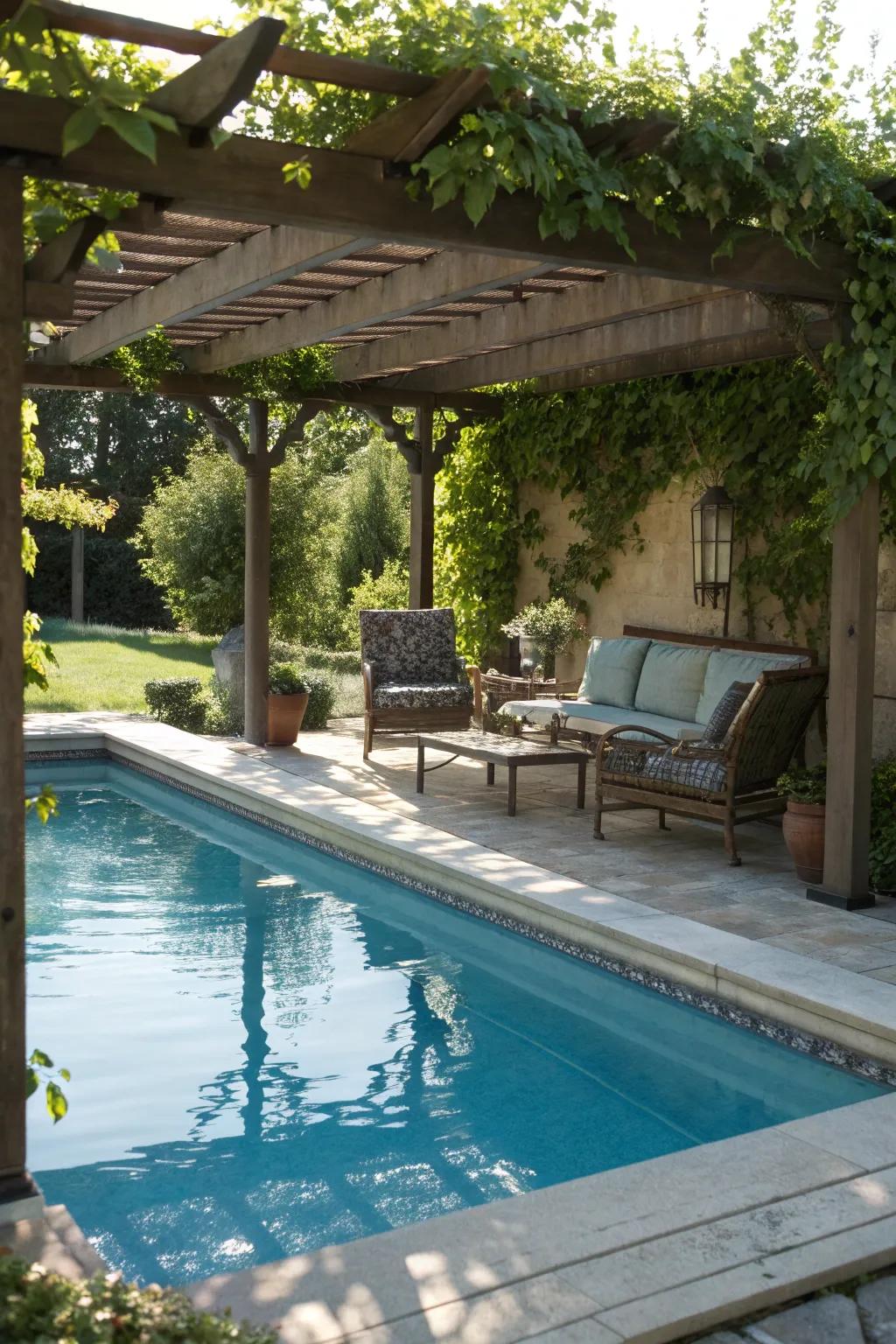 A lap pool with a chic pergola offering shade and style.