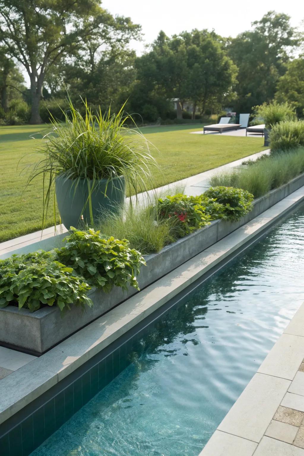 A lap pool featuring a unique floating garden for added lushness.