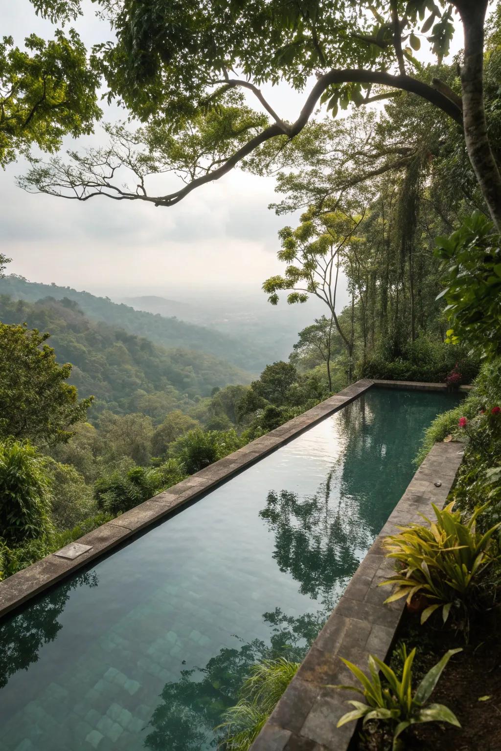 An eco-friendly natural lap pool nestled in greenery.