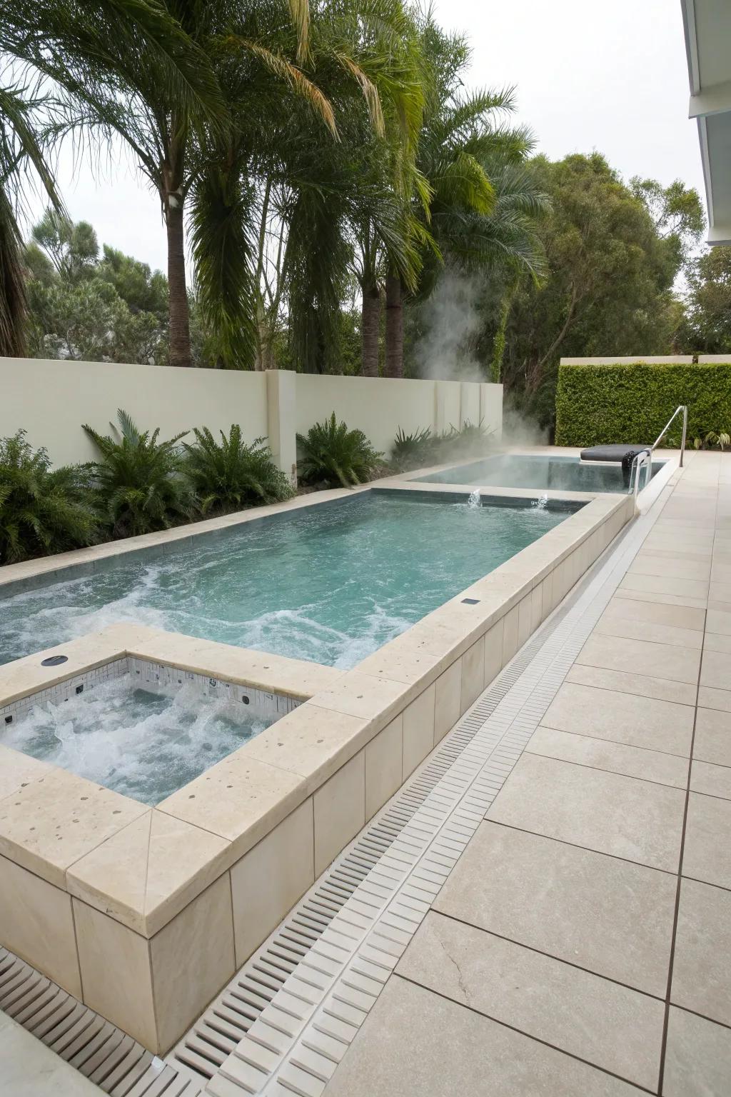 A versatile lap pool featuring a built-in hot tub for added enjoyment.